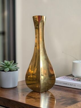 Vintage Brass Vase Sculptural Luxe Decor Heavy Solid Brass Made in India MCM
